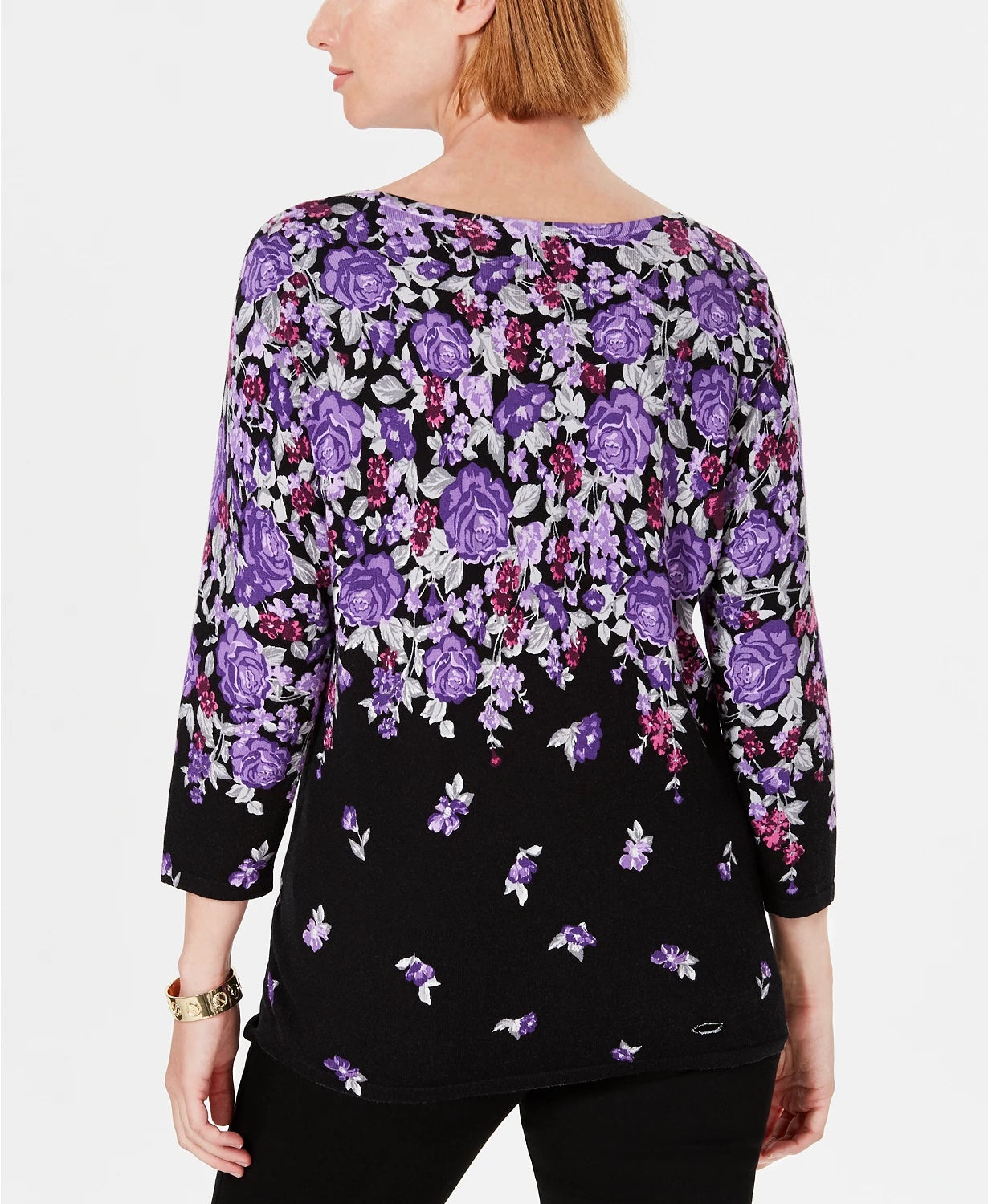 Karen Scott Women's Floral-Print Sweater Navy Size Medium