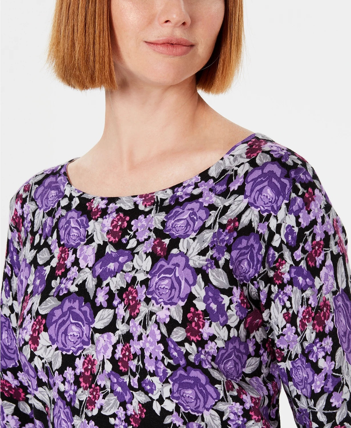 Karen Scott Women's Floral-Print Sweater Navy Size Medium