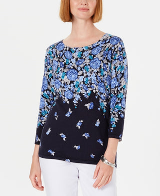 Karen Scott Women's Floral-Print Sweater Navy Size Small