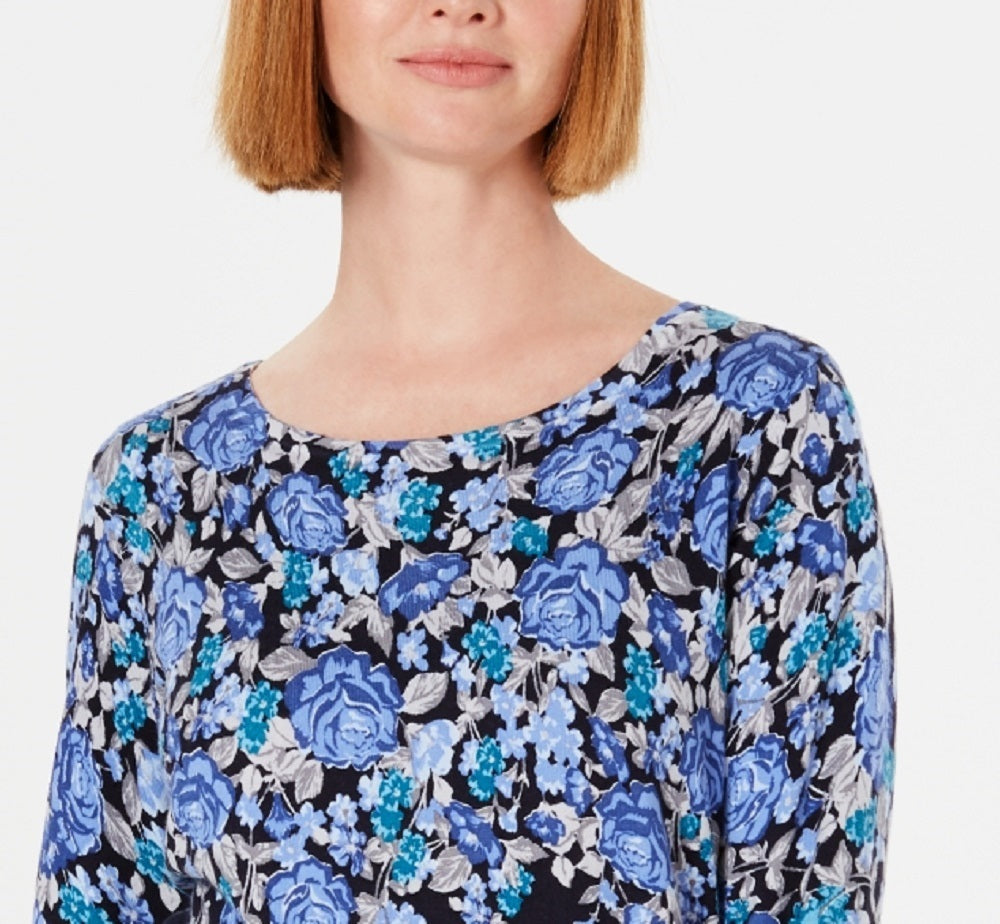 Karen Scott Women's Floral-Print Sweater Navy Size Small