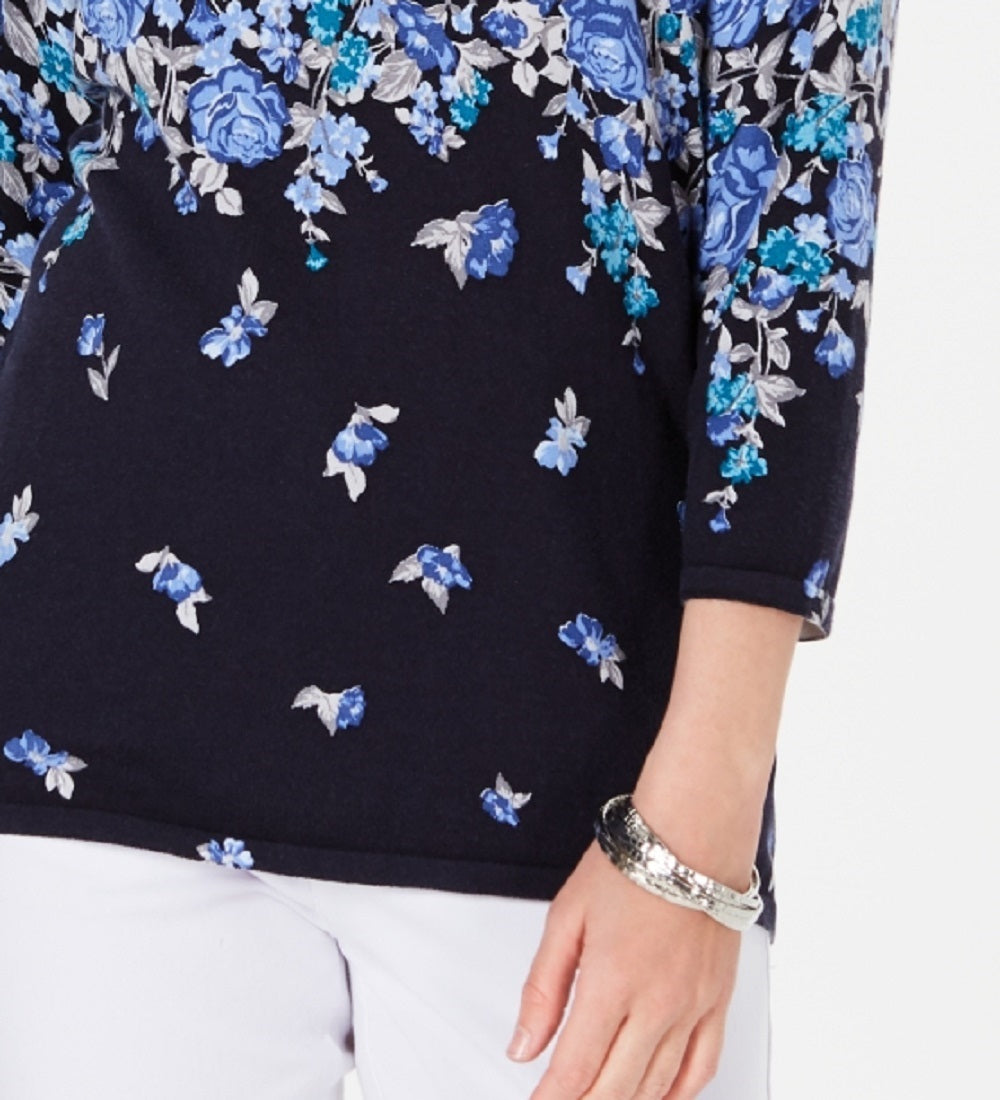 Karen Scott Women's Floral-Print Sweater Navy Size Small