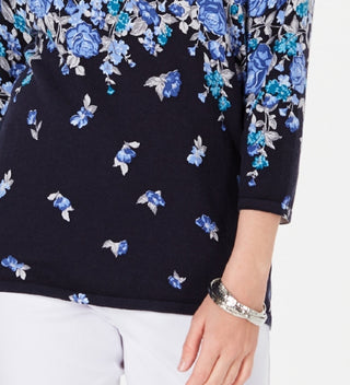 Karen Scott Women's Floral-Print Sweater Navy Size Small