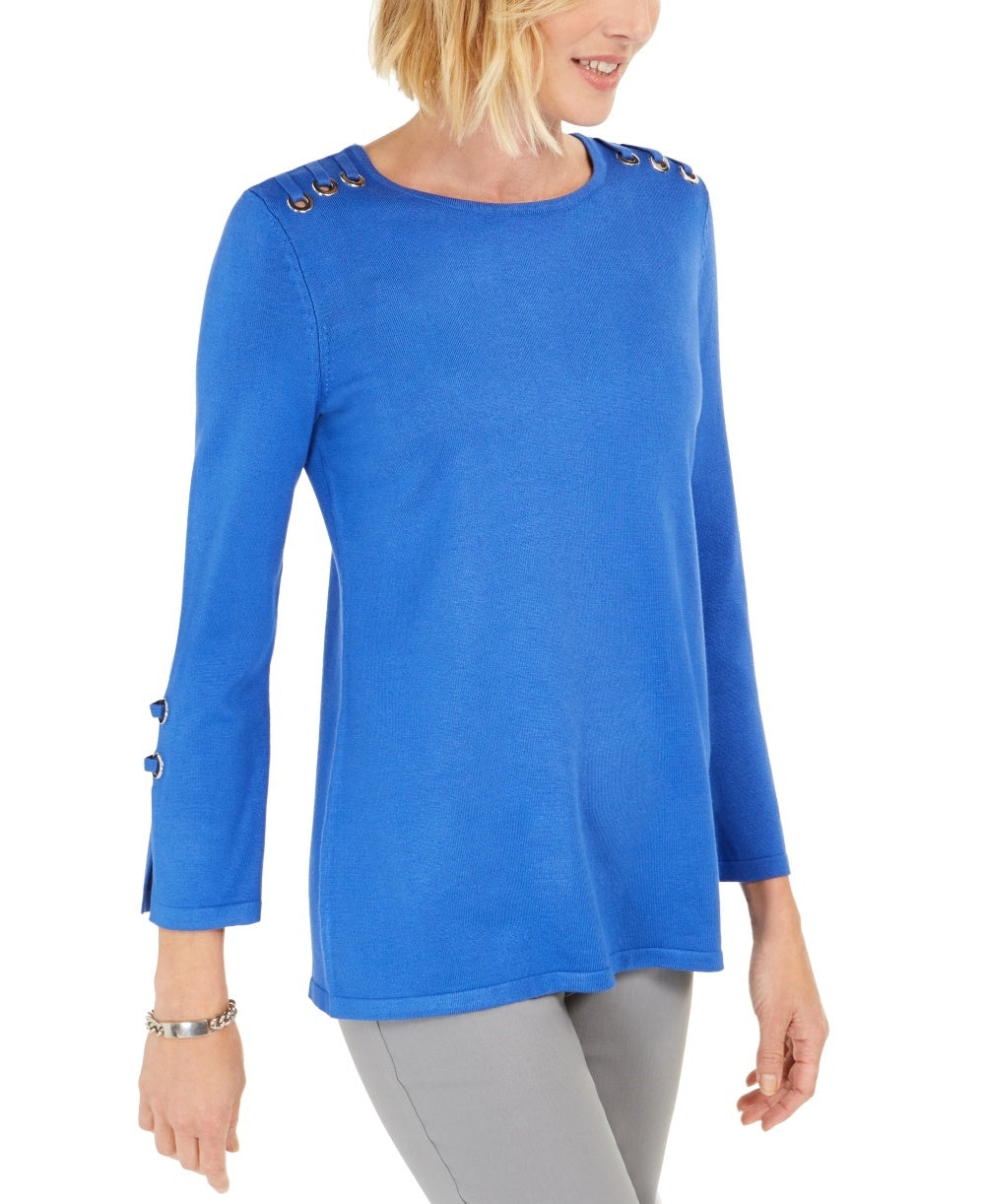 JM Collection Women's Embellished Scoop Neck Top  Blue Size Small