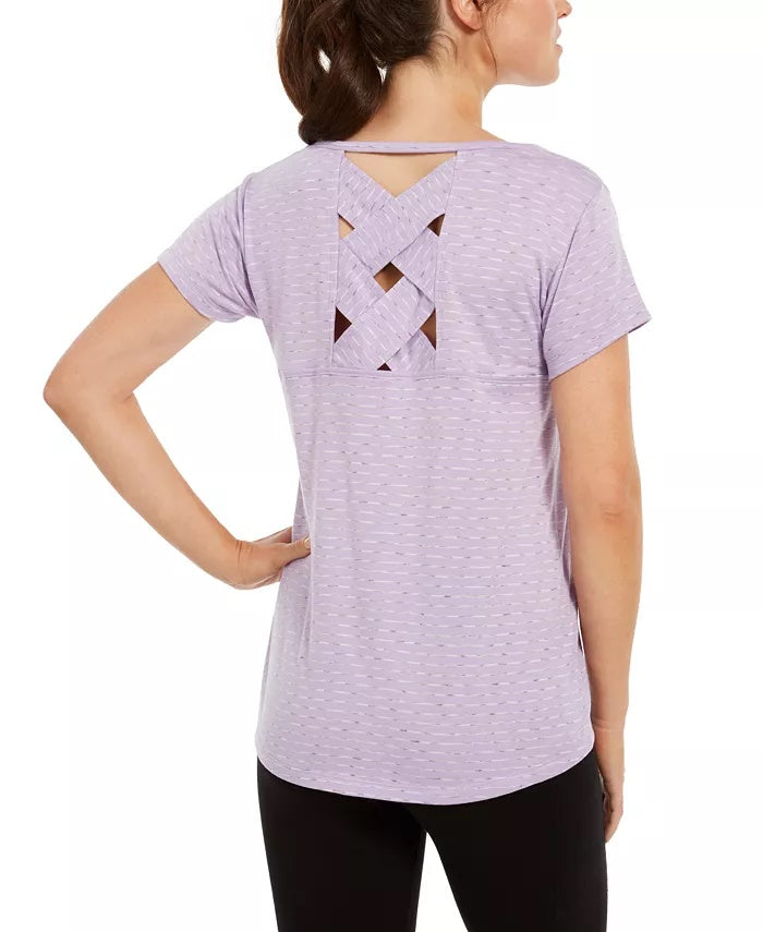 Ideology Women's Striped Lattice-Back T-Shirt Purple Size Large