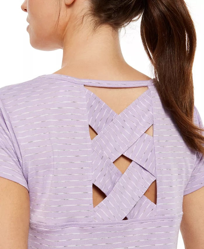 Ideology Women's Striped Lattice-Back T-Shirt Purple Size Large
