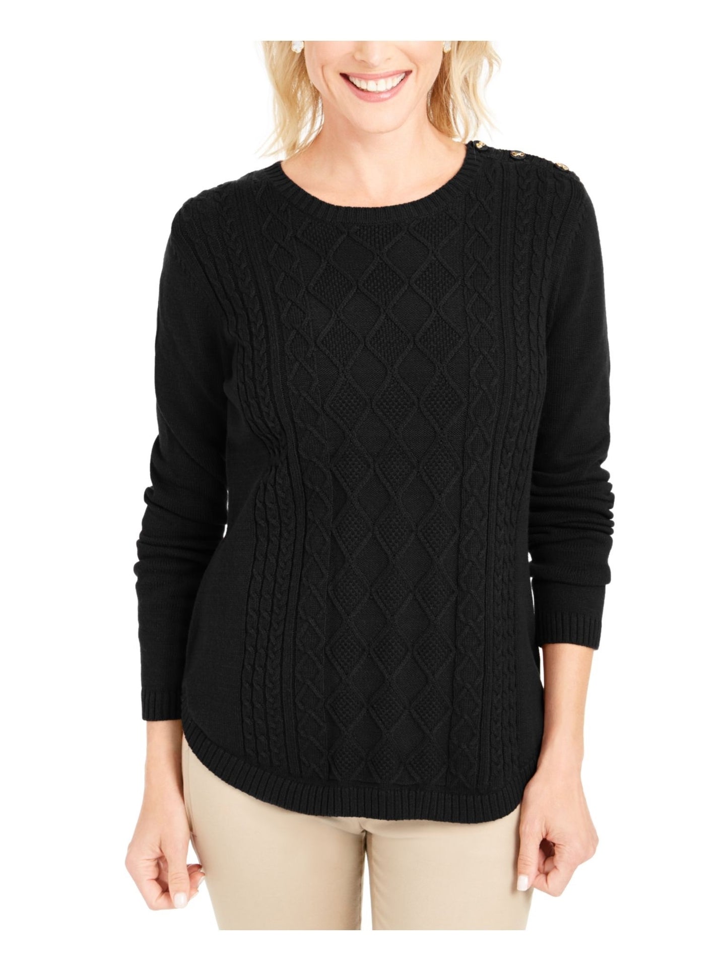 Charter Club Women's Textured Embellished Printed Long Sleeve Jewel Neck T-Shirt Sweater Black Size X-Small