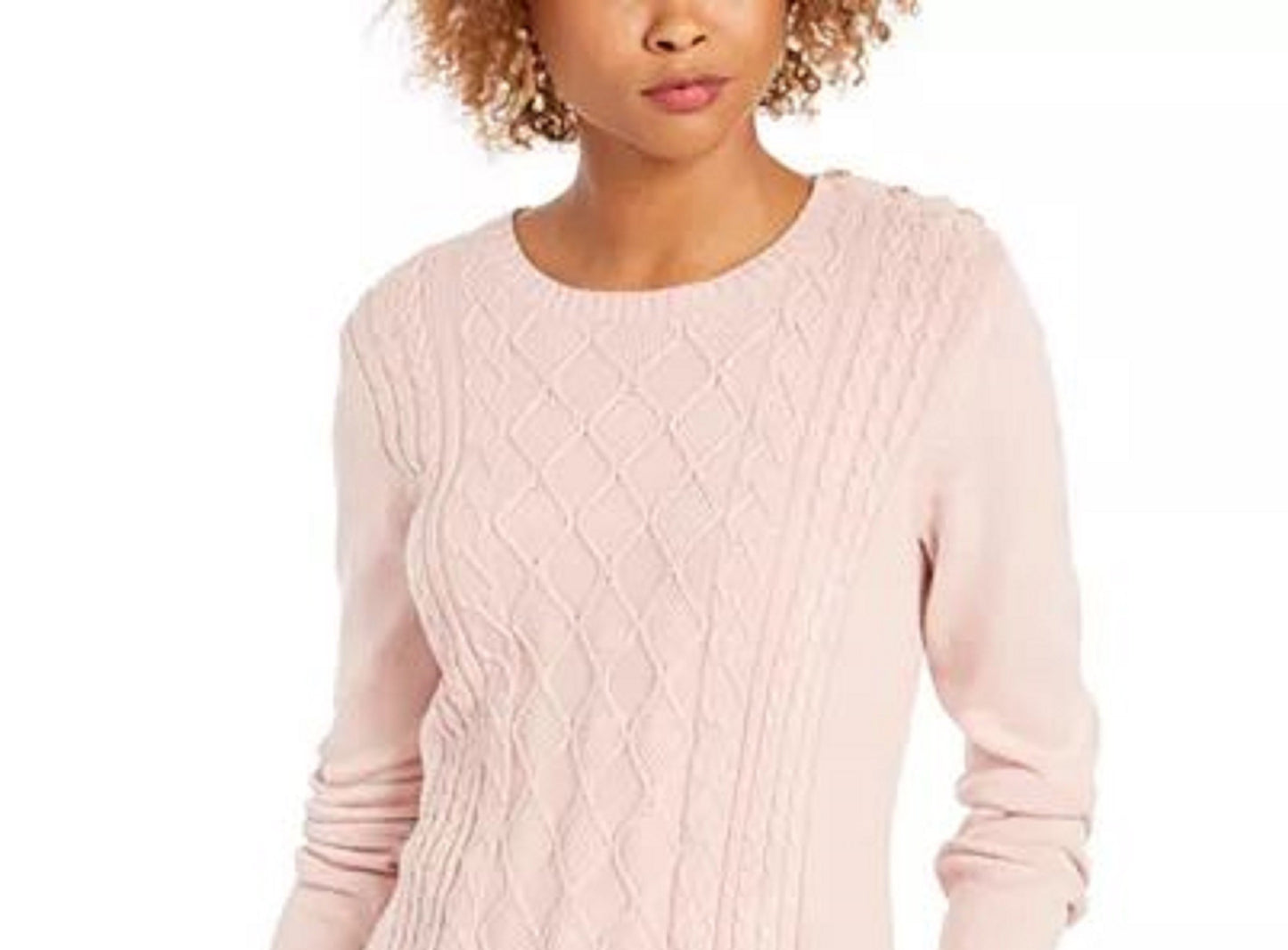 Charter Club Women's Petite Cable-Knit Button-Trim Sweater Pink Size Petite