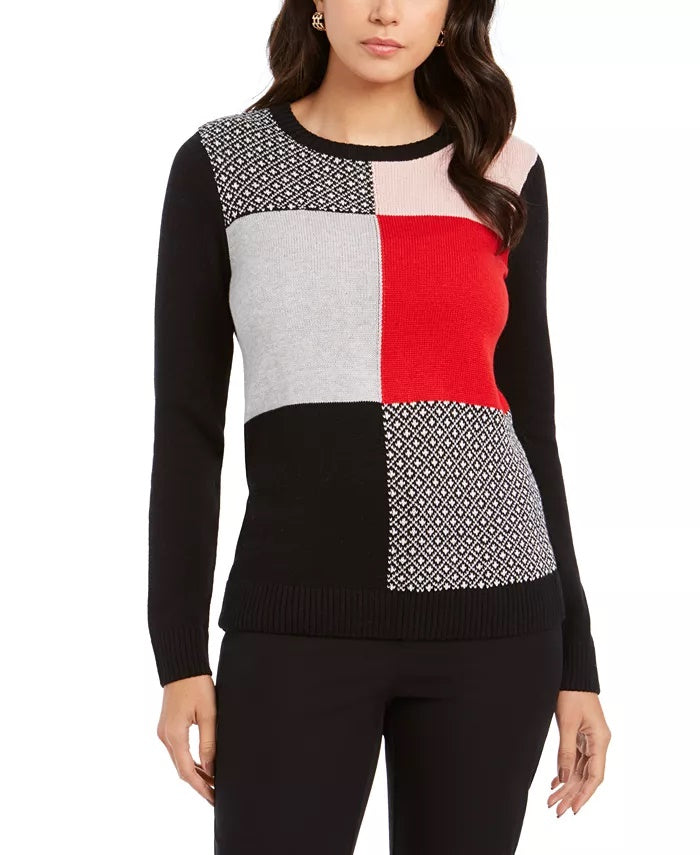 Charter Club Women's Patchwork Crewneck Sweater Black Size Large