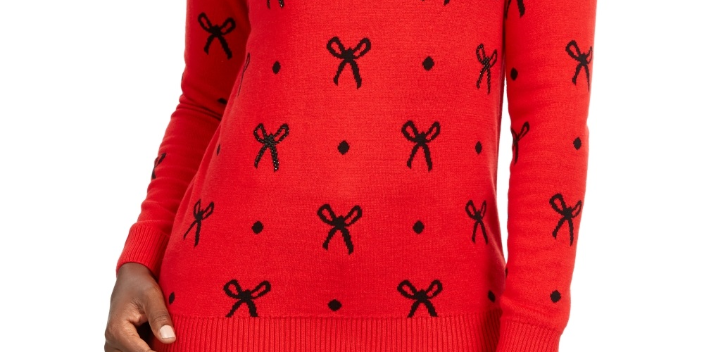 Charter Club Women's Reese Beaded Bow Dotted Sweater Red Size XX-Large