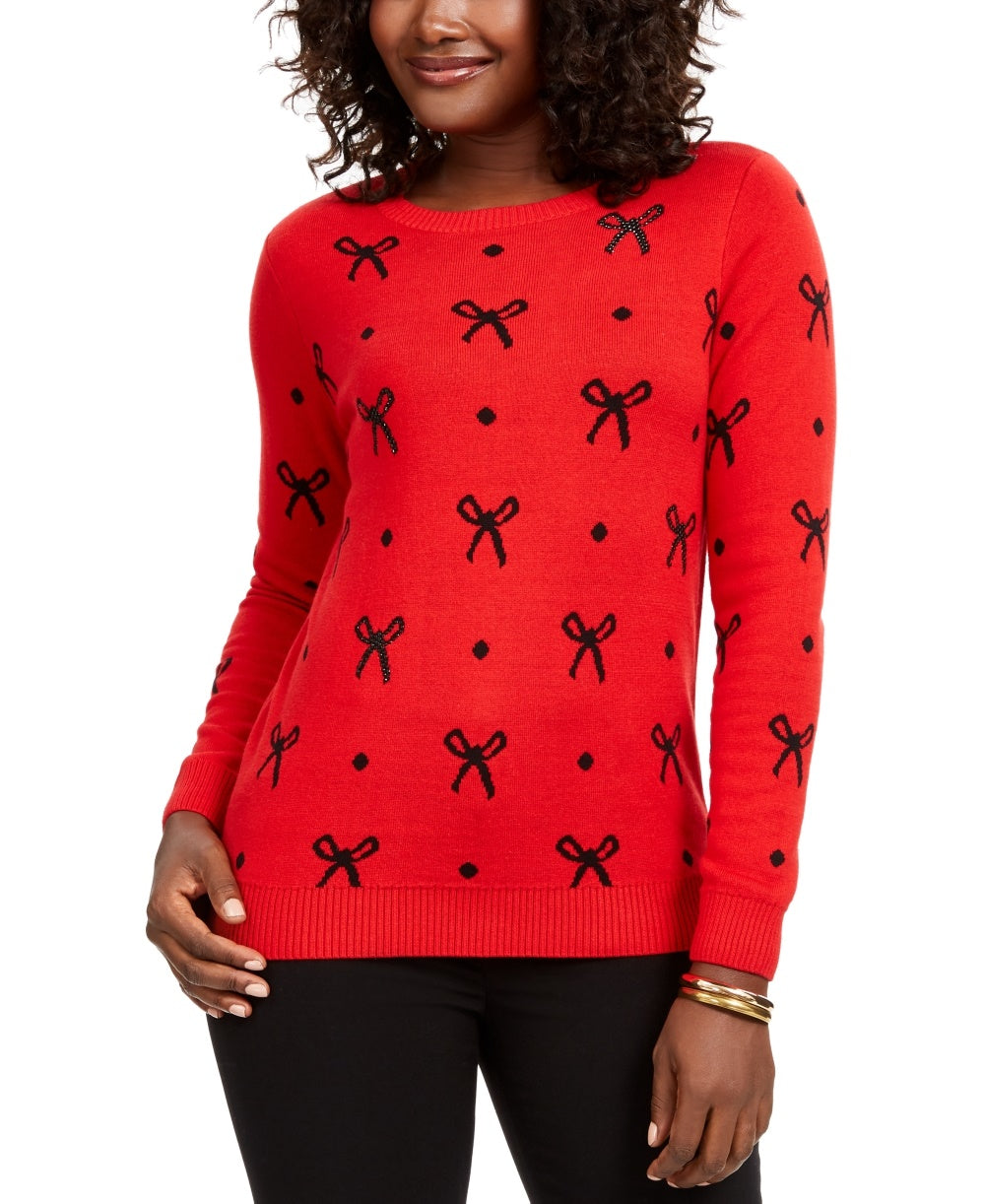 Charter Club Women's Bow Print Sweater Red Size Petite Small