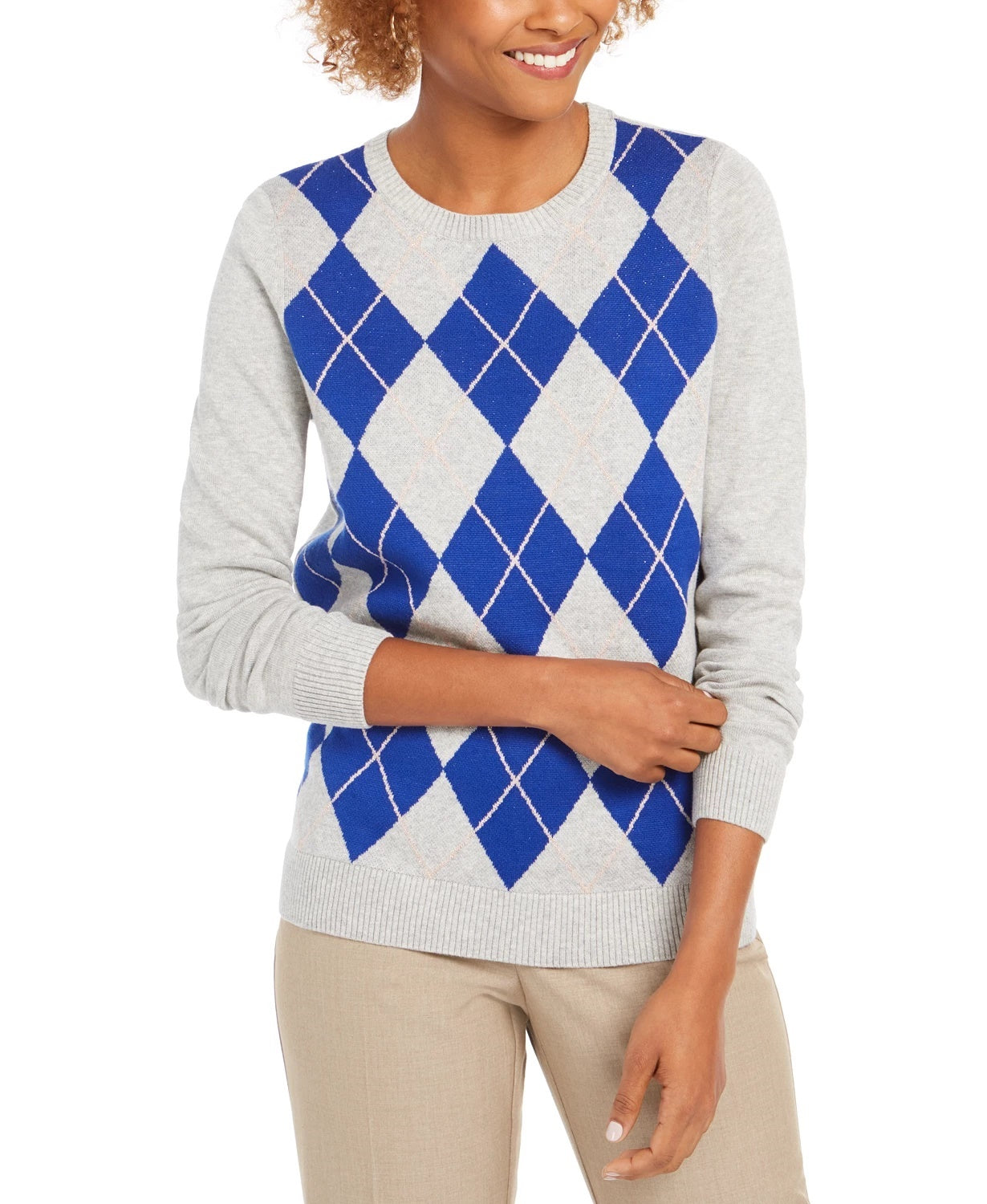 Charter Club Women's Argyle Crewneck Sweater Grey Size X-Large