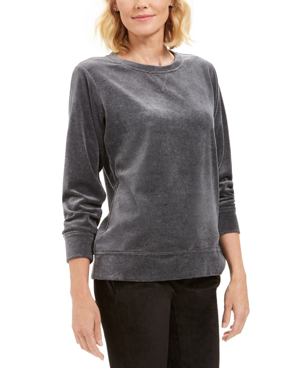 Karen Scott Women's Sport Velour Sweatshirt  Charcoal Size X-Small