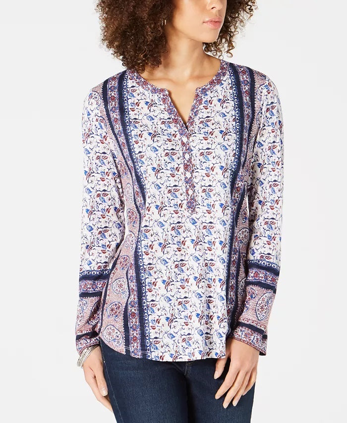 Style & Co Women's Patchwork-Print Top Navy Size Extra Large