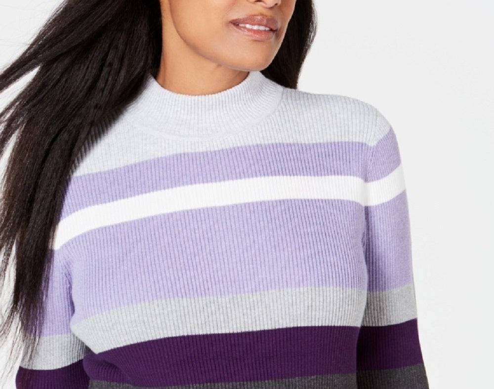 Karen Scott Women's Striped Mock-Neck Cotton Sweater Med Purple Size XX-Large