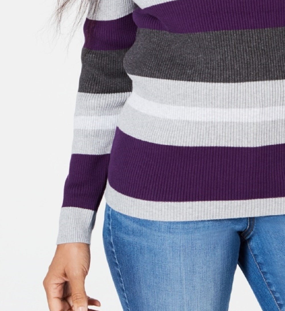 Karen Scott Women's Striped Mock-Neck Cotton Sweater Med Purple Size XX-Large