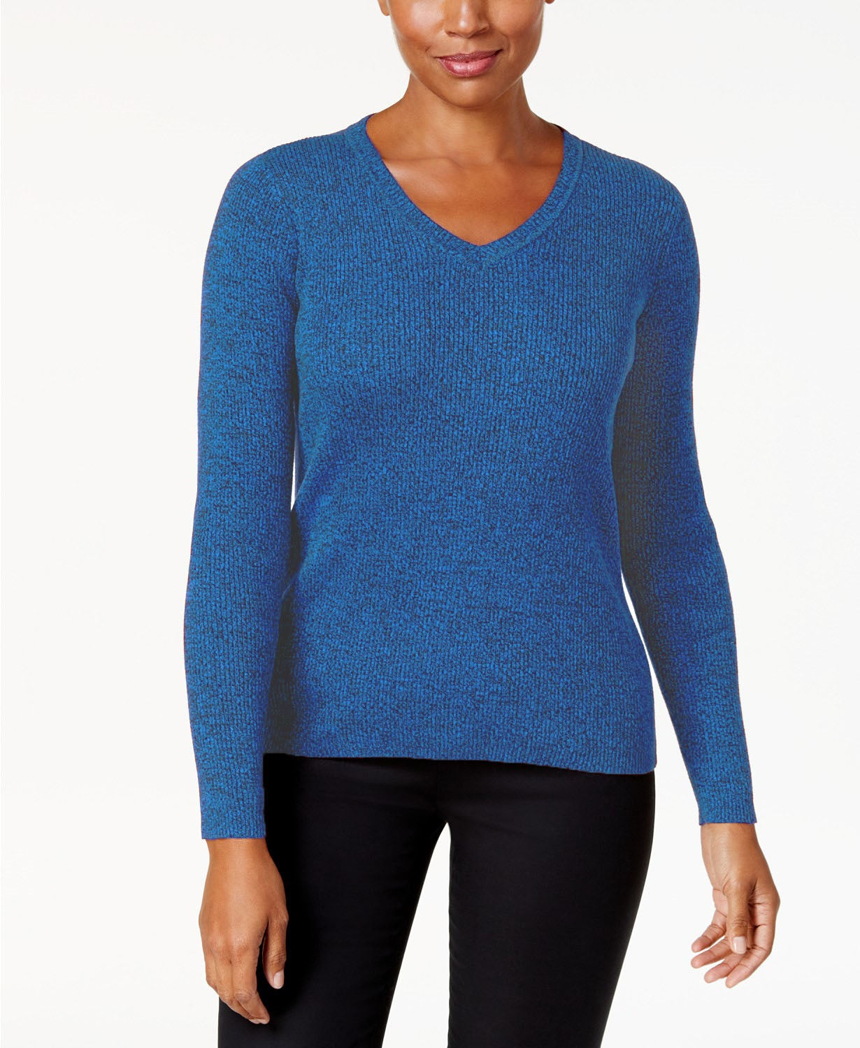 Karen Scott Women's Petite Cotton Ribbed Marled Sweater Navy Size Petite