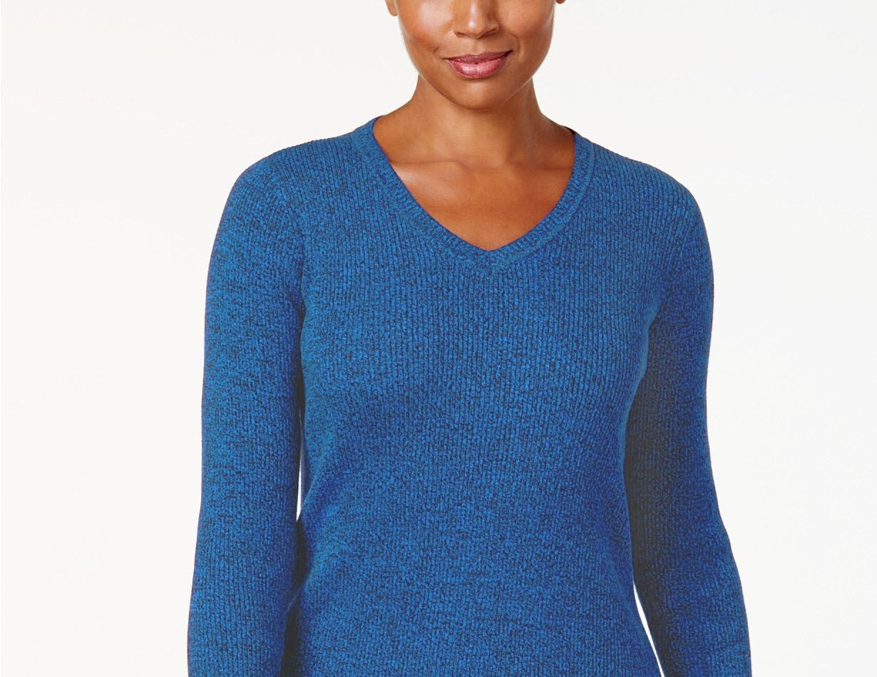Karen Scott Women's Petite Cotton Ribbed Marled Sweater Navy Size Petite