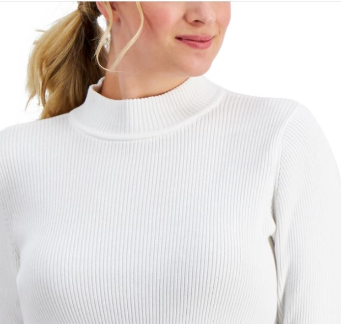 Karen Scott Women's Cotton Ribbed Mock Neck Sweater White Size Petite Medium