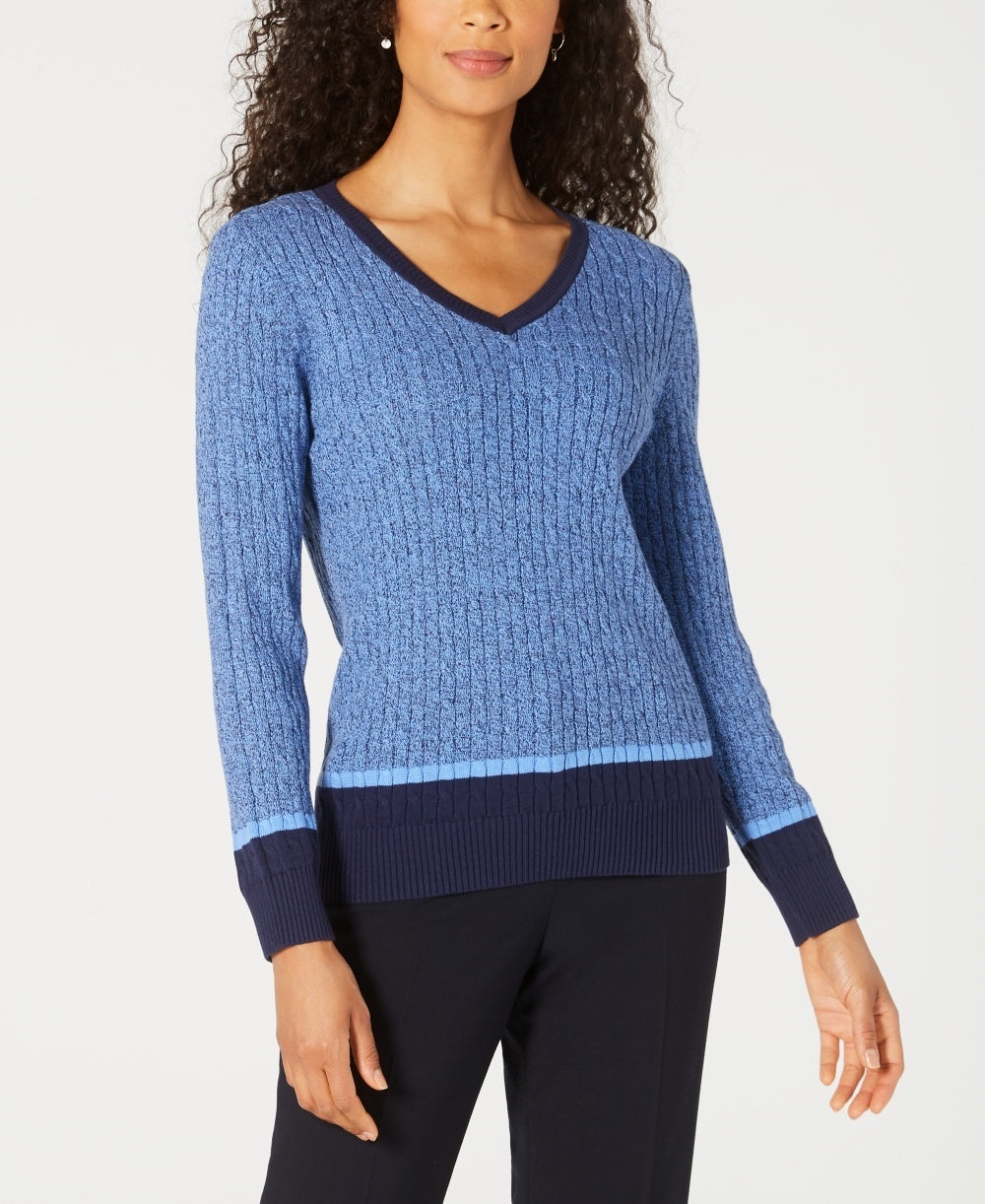 Karen Scott Women's Teresa Cotton Colorblocked Sweater Bright Blue Size Large