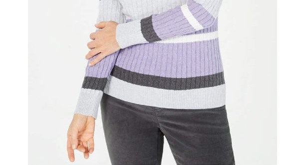 Karen Scott Women's Cotton Striped Cable Knit Sweater Purple Size Petite Small