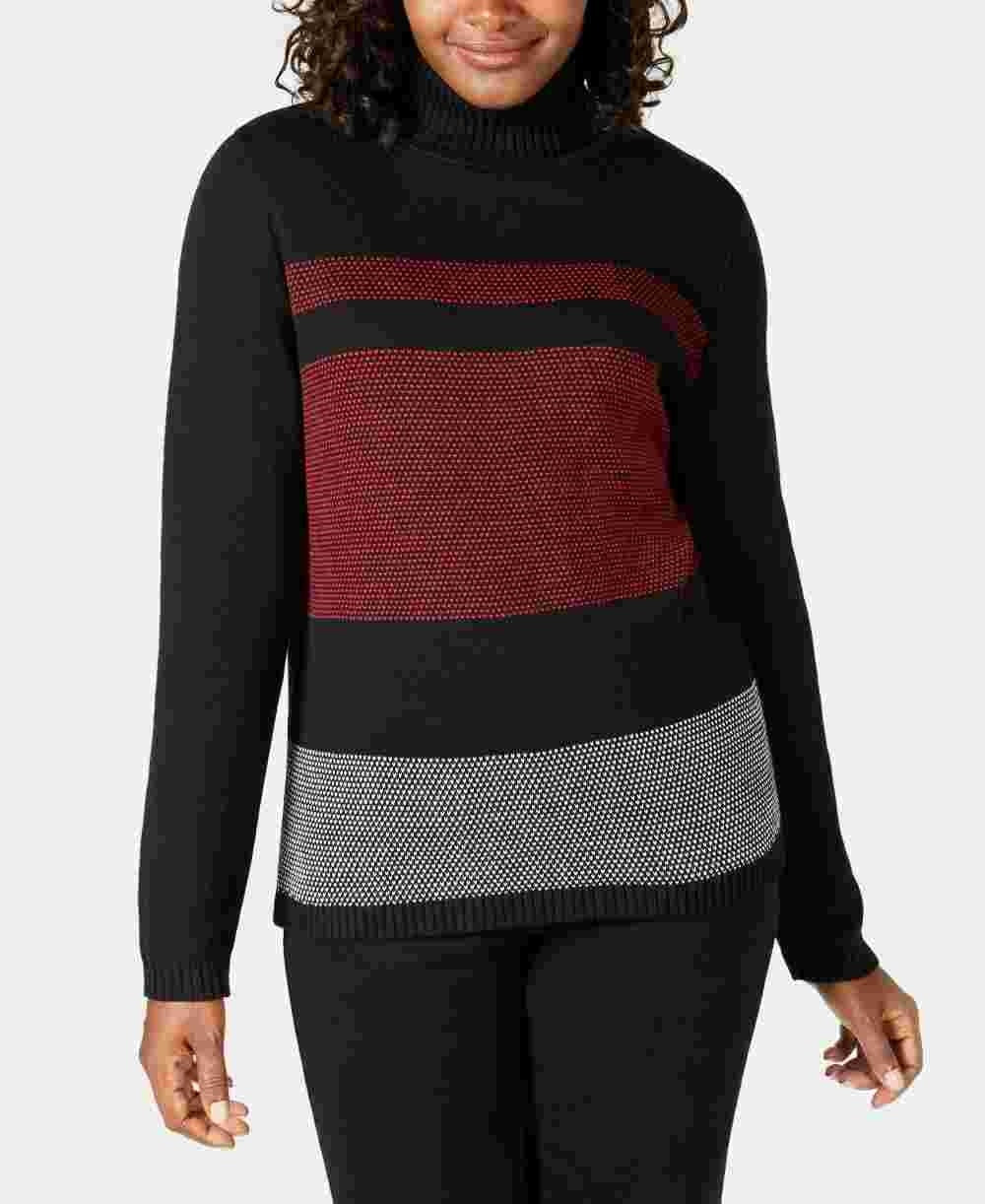 Karen Scott Women's Ribbed Color Block Long Sleeve Turtle Neck Sweater Red Size Medium