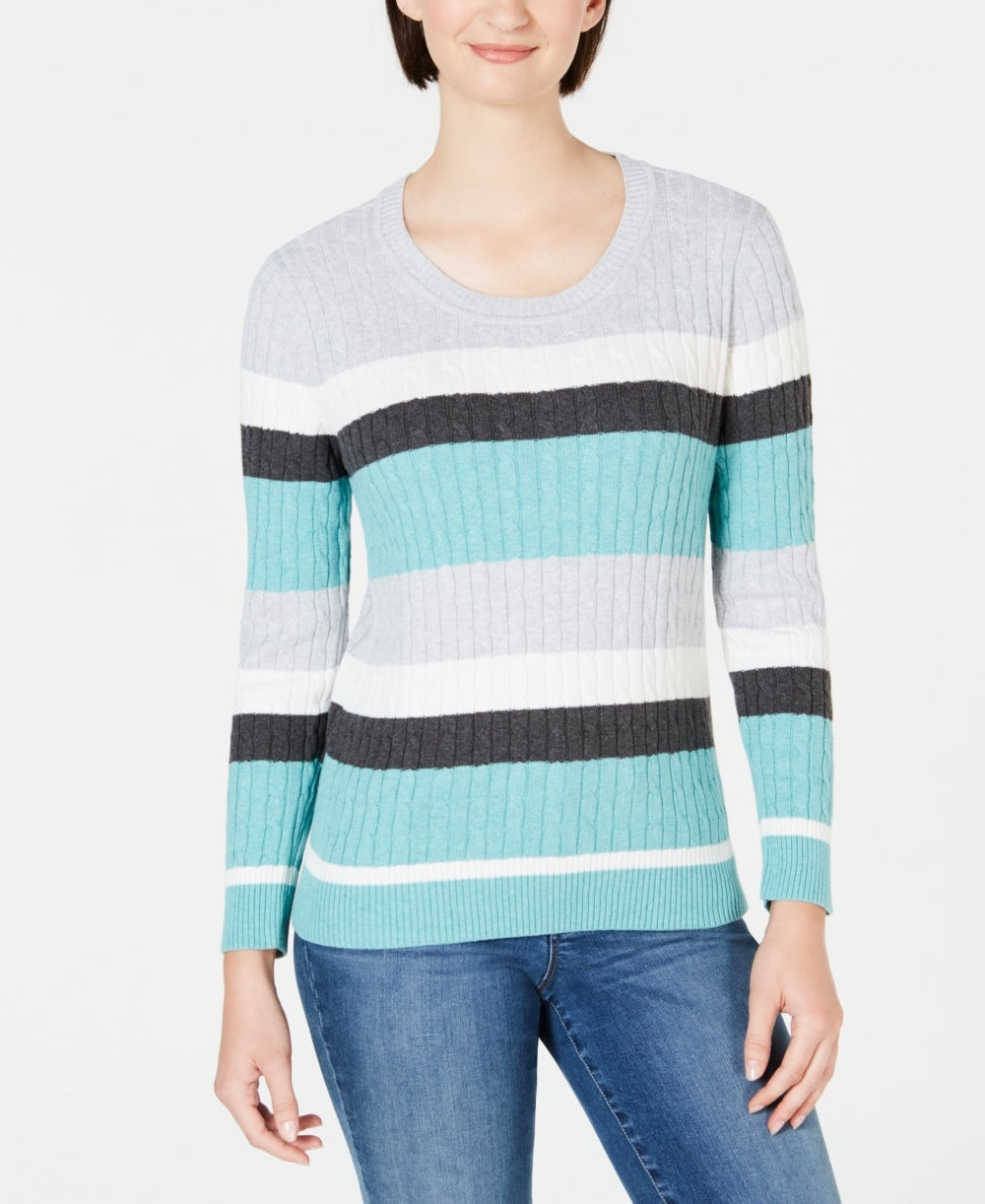 Karen Scott Women's Veronica Striped Cotton Cable Sweater Turq Aqua Size XX-Large