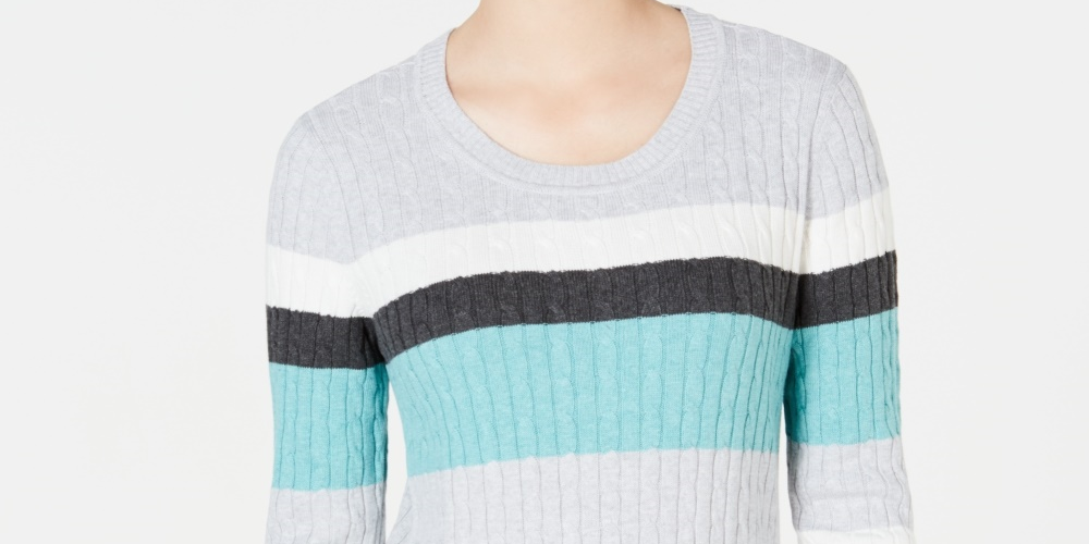 Karen Scott Women's Veronica Striped Cotton Cable Sweater Turq Aqua Size XX-Large