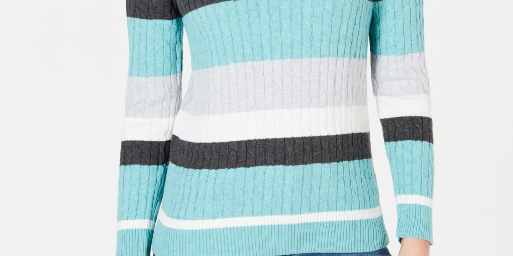 Karen Scott Women's Veronica Striped Cotton Cable Sweater Turq Aqua Size XX-Large