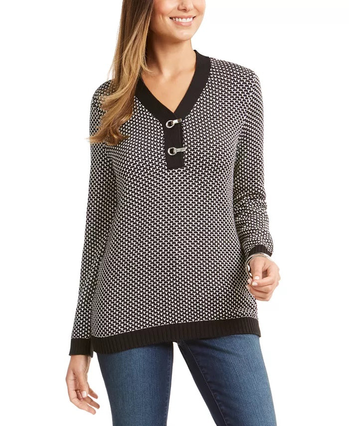 Karen Scott Women's Contrast-Trim Textured Cotton Sweater Black Size Large