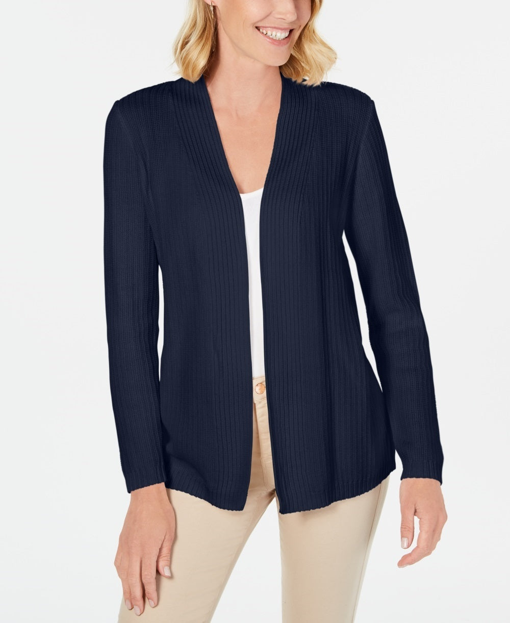 Karen Scott Women's Petite Cotton Mixed-Knit Cardigan Navy Size 44