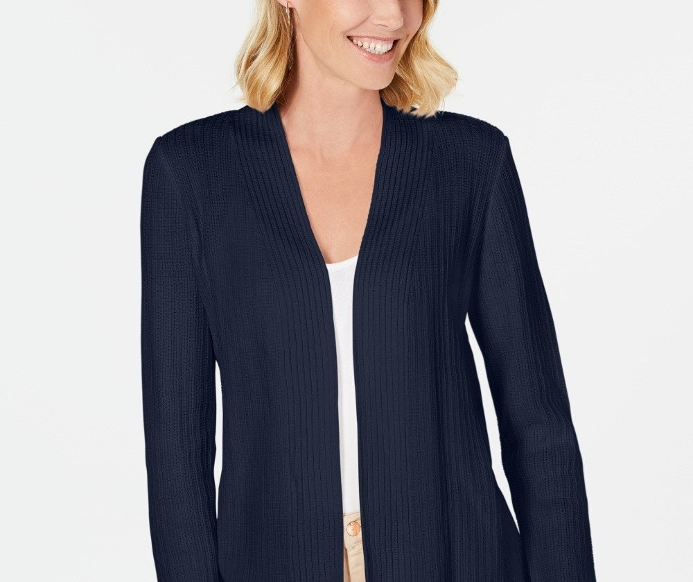 Karen Scott Women's Petite Cotton Mixed-Knit Cardigan Navy Size 44