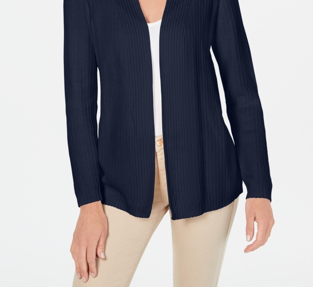 Karen Scott Women's Petite Cotton Mixed-Knit Cardigan Navy Size 44