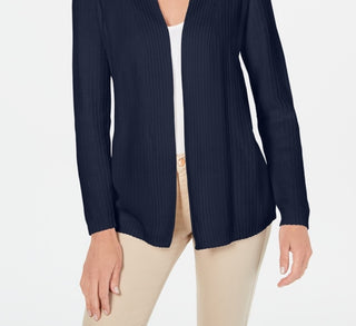 Karen Scott Women's Petite Cotton Mixed-Knit Cardigan Navy Size 44