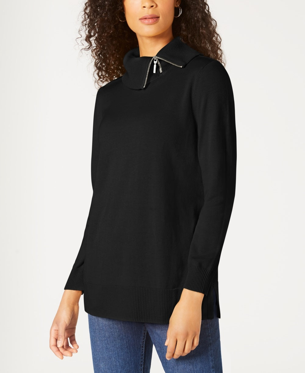 Karen Scott Women's Cotton Zip Neck Sweater Black Size Small