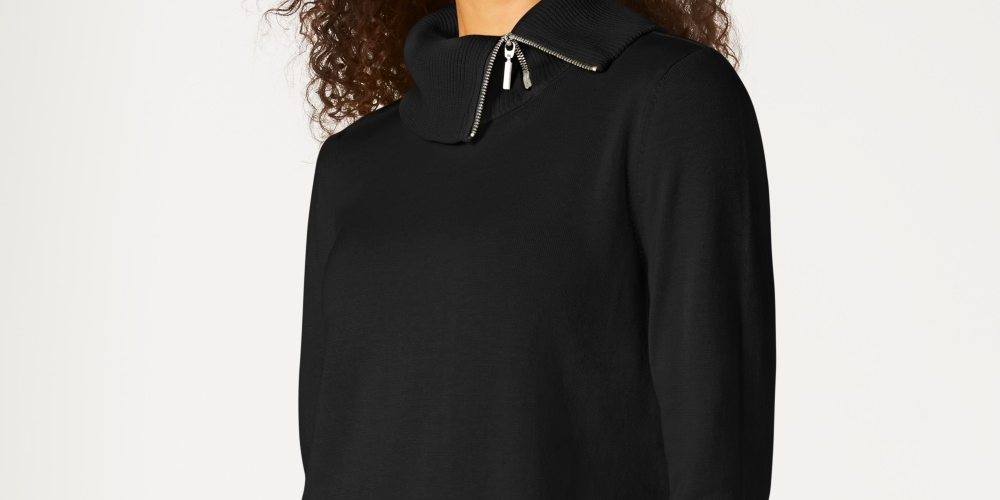 Karen Scott Women's Cotton Zip Neck Sweater Black Size Small