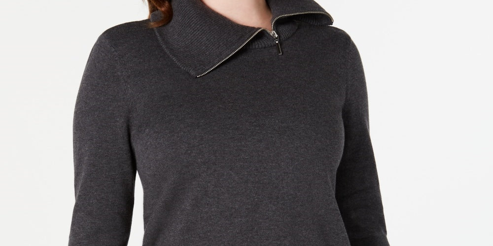 Karen Scott Women's Cotton Zip Neck Sweater Charcoal Size Medium