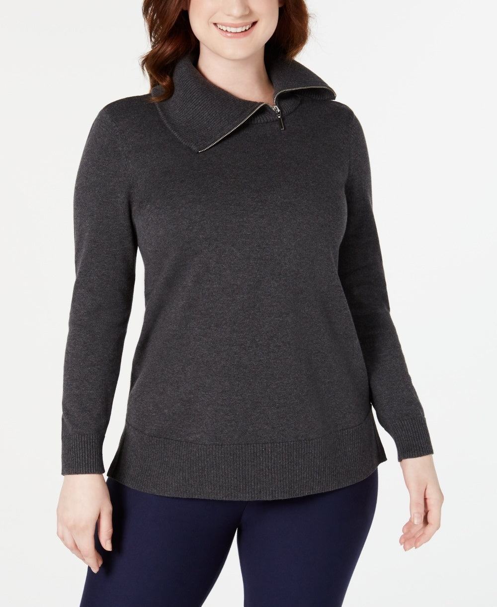 Karen Scott Women's Cotton Zip-Neck Sweater Charcoal Size X-Small