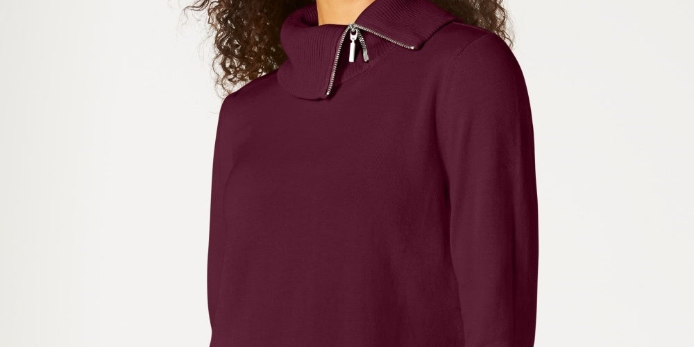 Karen Scott Women's Cotton Zip-Neck Sweater Merlot Red Size Small