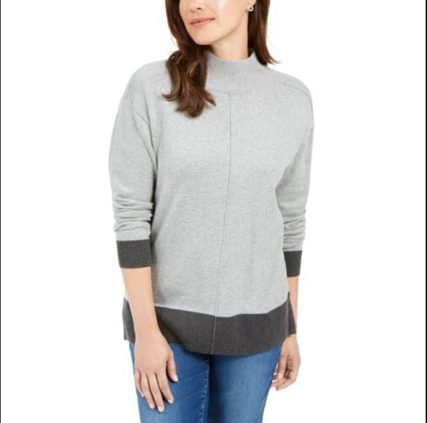 Karen Scott Women's Erin Cotton Colorblocked Mock Neck Sweater Charcoal Size X-Large