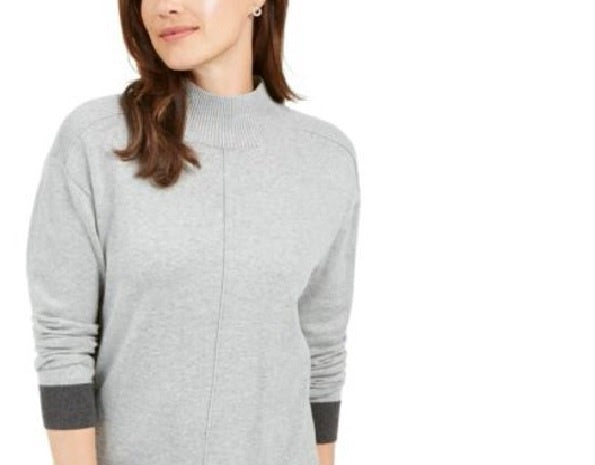 Karen Scott Women's Erin Cotton Colorblocked Mock Neck Sweater Charcoal Size X-Large