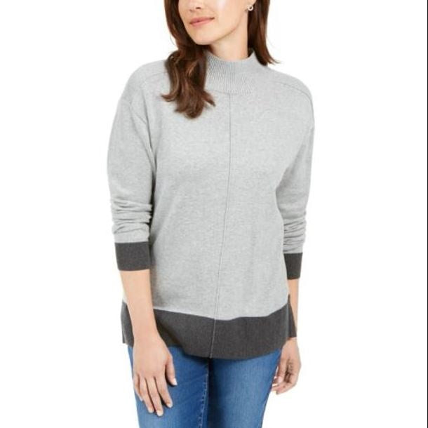 Karen Scott Women's Erin Cotton Colorblocked Mock Neck Sweater Charcoal Size XX-Large