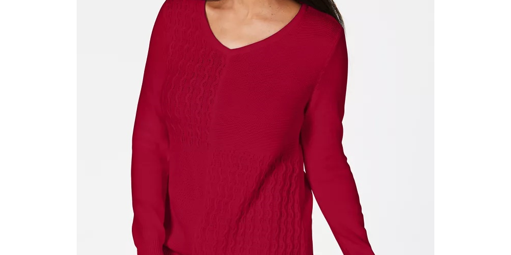 Karen Scott Women's Cotton Mixed-Stitch Sweater Bright Red Size Medium