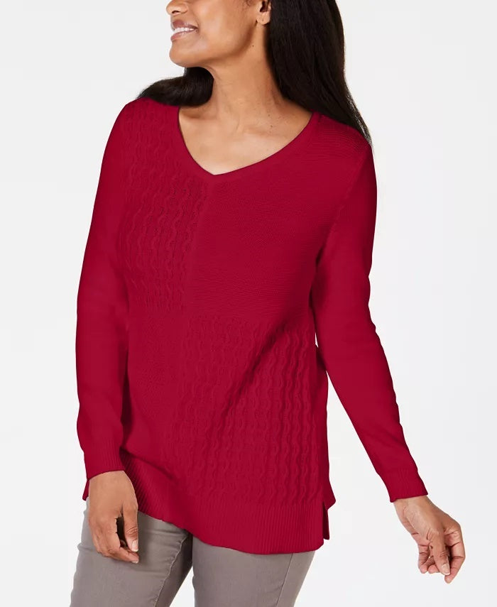 Karen Scott Women's Cotton Mixed-Stitch Sweater Bright Red Size Extra Large
