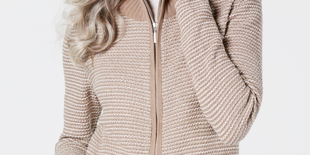 Karen Scott Women's Textured Zip Front Cardigan Brown Size Medium