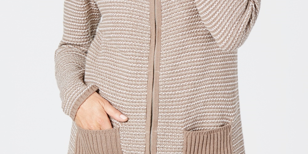 Karen Scott Women's Textured Zip Front Cardigan Brown Size Medium