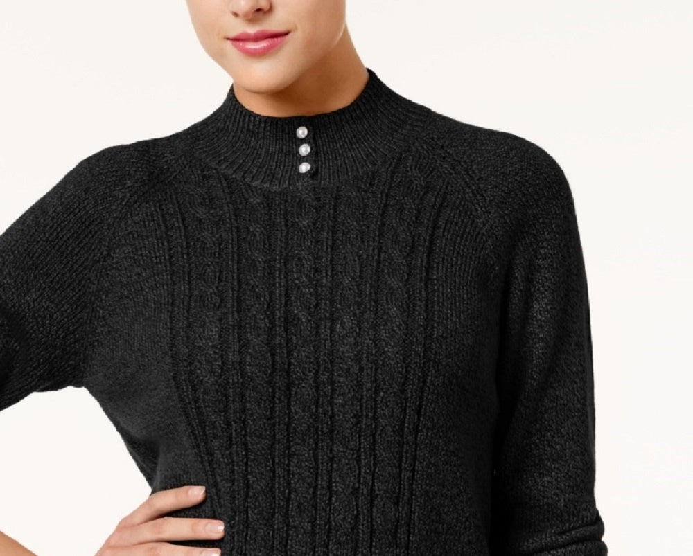 Karen Scott Women's Mock-Neck Cable-Knit Sweater Black Size Petite Medium