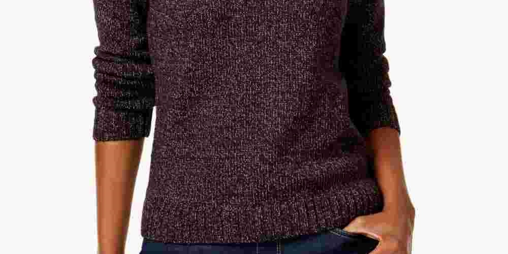 Karen Scott Women's Textured Heather Long Sleeve Collared Sweater Black Large