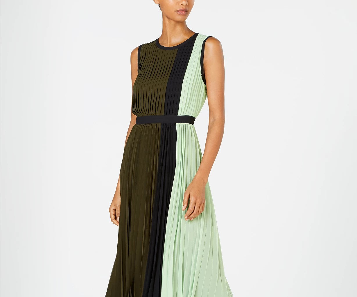 Alfani Women's Colorblocked Pleated Sleeveless Dress Dark Green Size 4