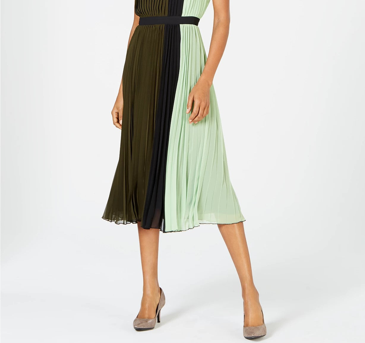 Alfani Women's Colorblocked Pleated Sleeveless Dress Dark Green Size 4