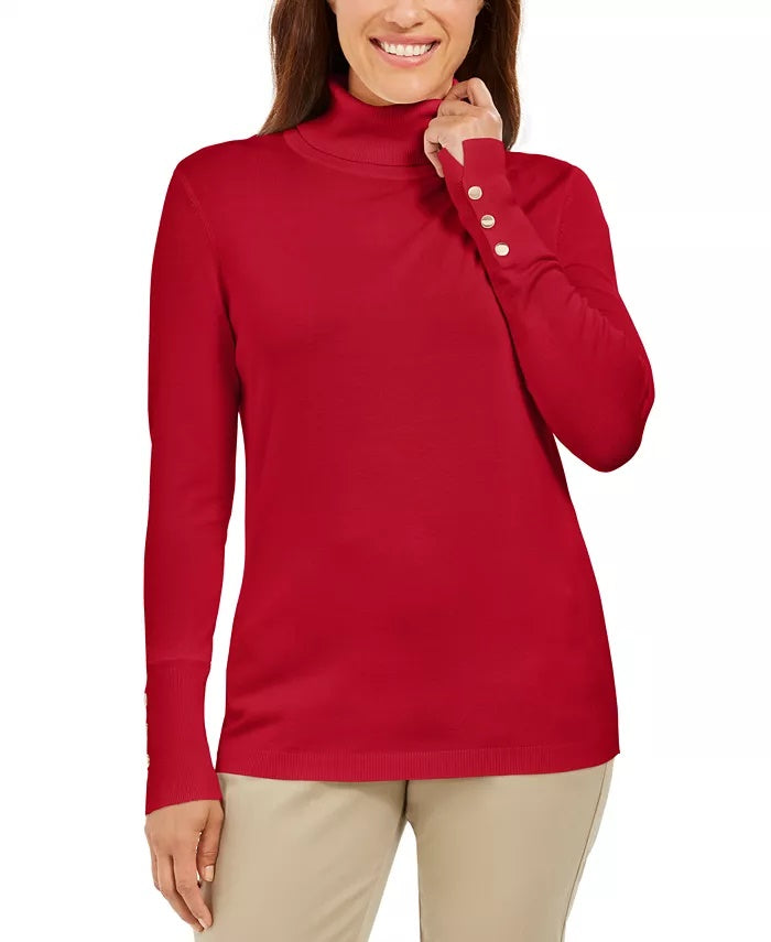 JM Women's Collection Stud-Sleeve Pullover Turtleneck Sweater  Red Size Medium